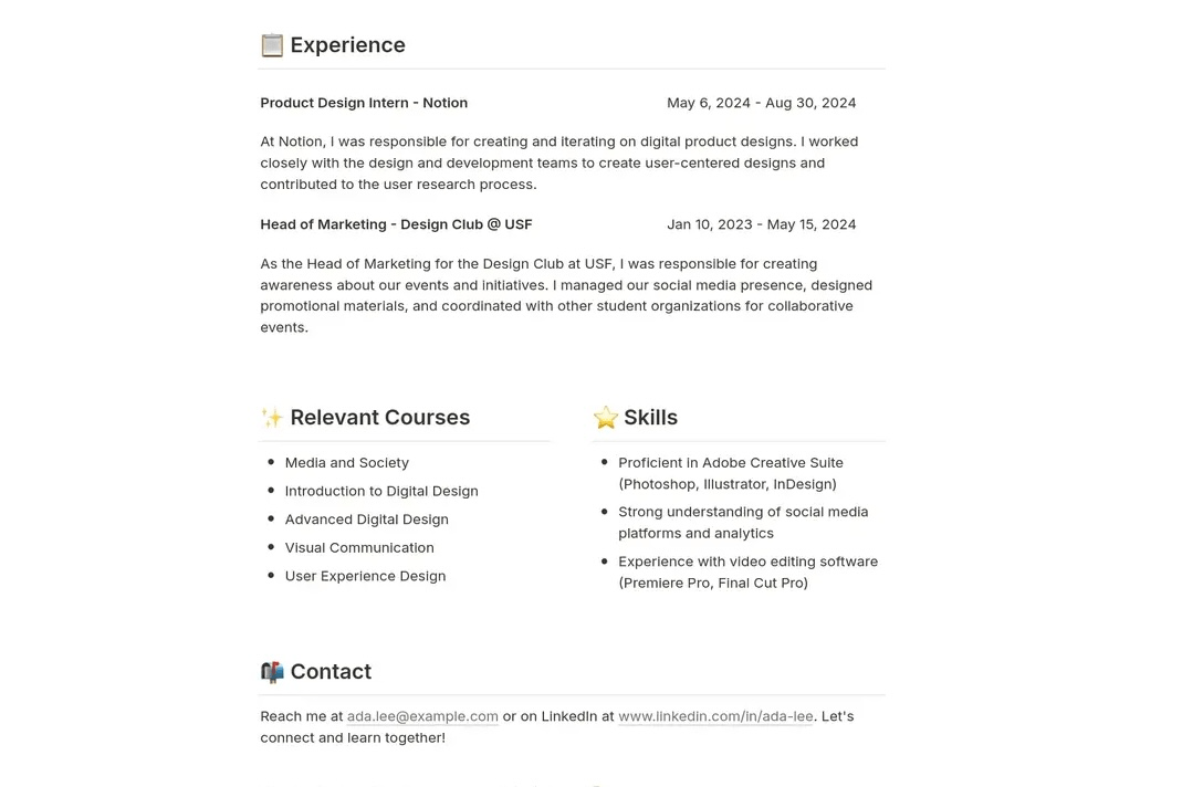 Notion Resume Template: Clean simple layout to highlight work experience skills and achievements