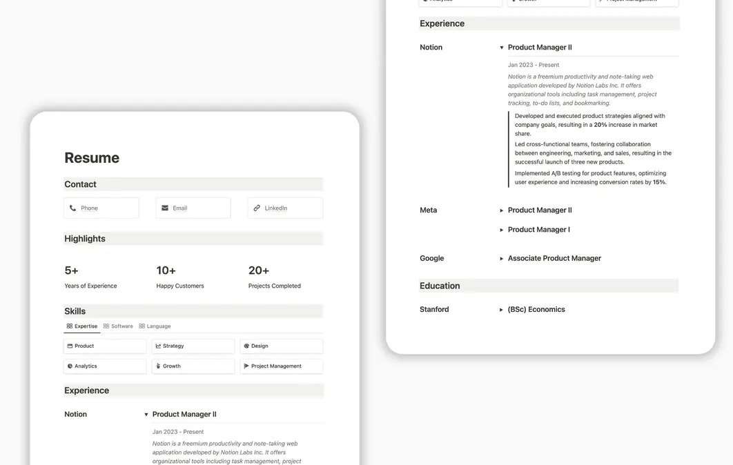 Notion Resume Template by Minimal Startup: Modern design for showcasing startup and project experience
