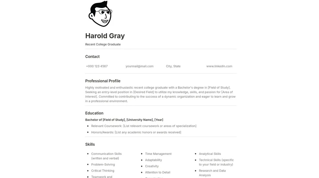 Notion Resume for Recent College Graduates: Organized format to present education internships and skills