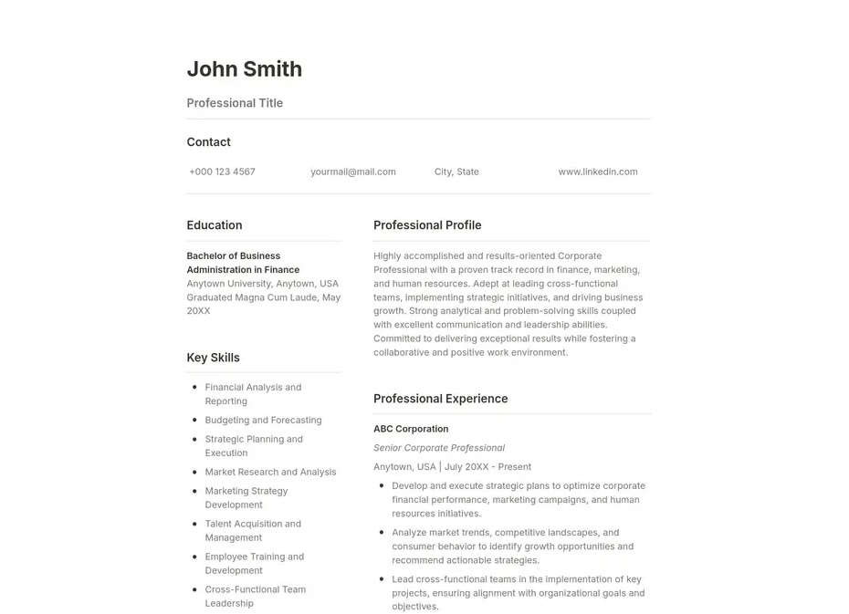 Notion Sleek Corporate Professional Resume: Polished format suited for corporate and executive roles