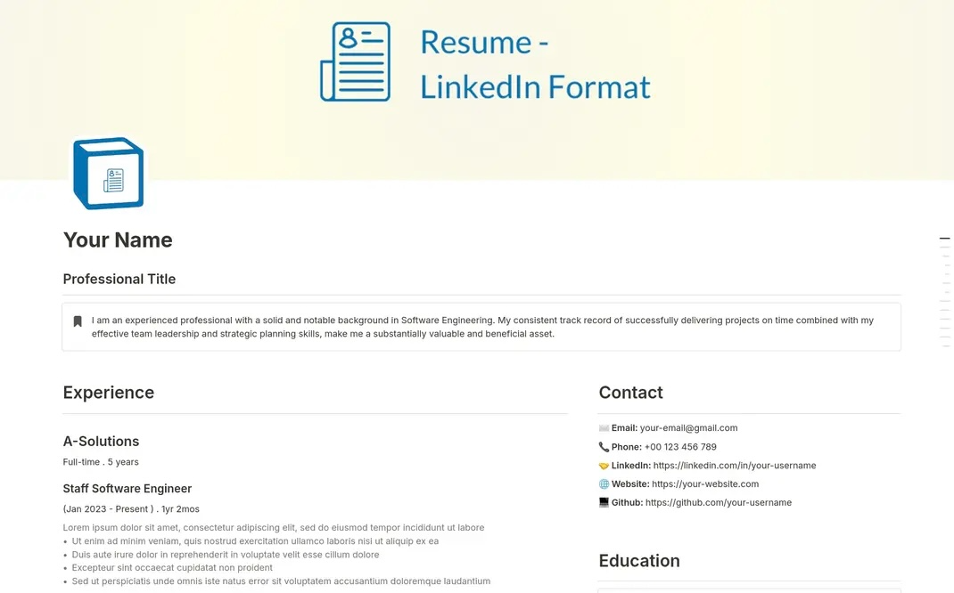 Notion Resume with LinkedIn Format: Structured to align resume presentation with LinkedIn profile style