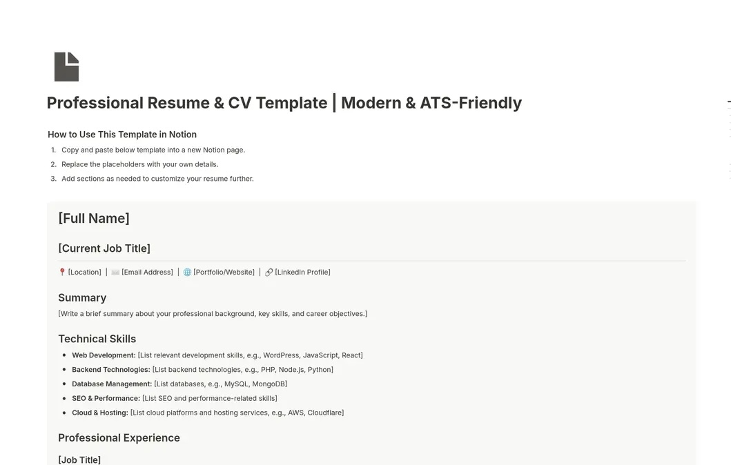 Notion Professional Resume and CV Template: Dual format for comprehensive CV and concise resume use