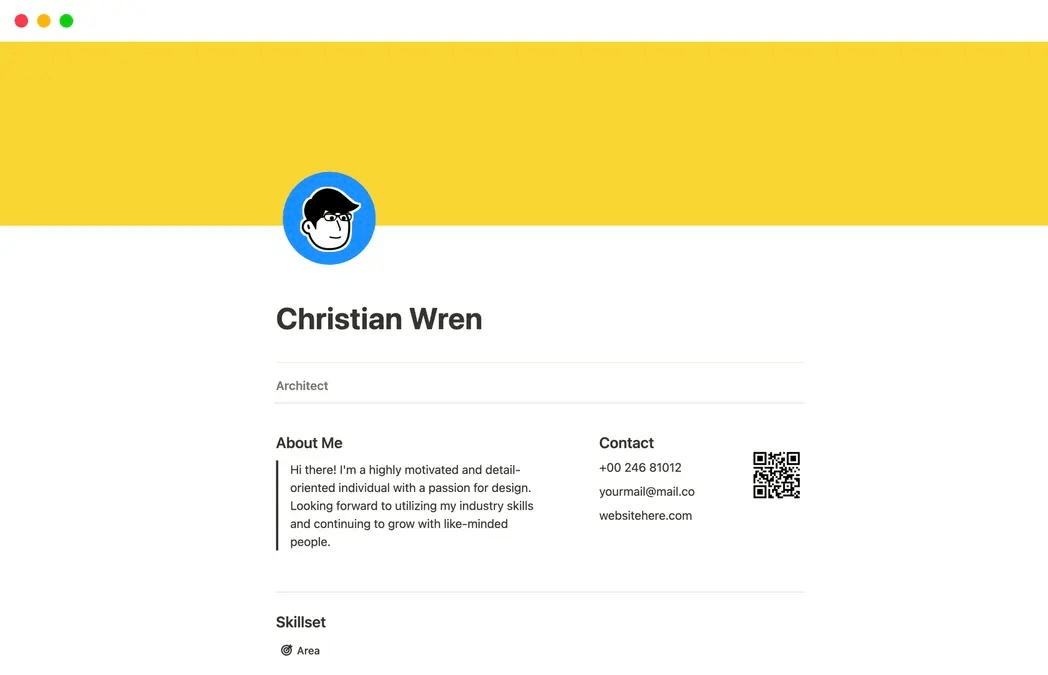 Notion Resume for Architects: Visual layout to highlight projects designs and portfolio for architects
