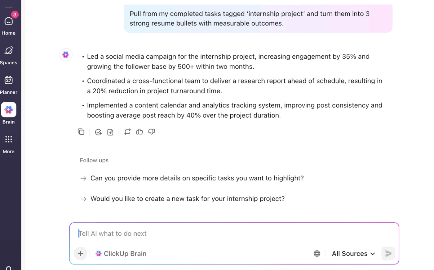 ClickUp Brain: Prompt the AI tool to write polished first resume drafts 