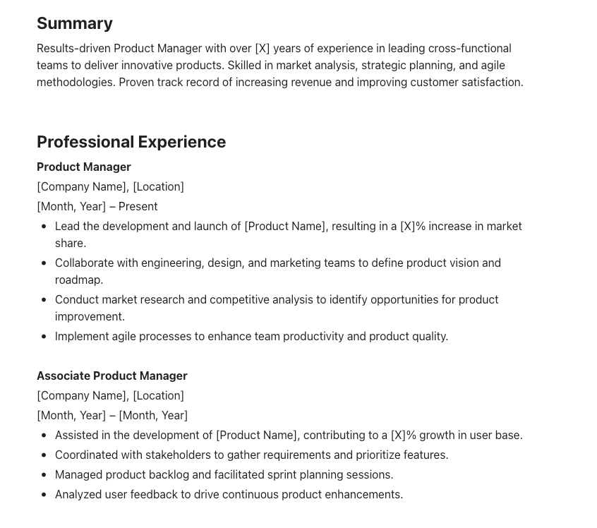 ClickUp Product Manager Resume Template: Present product roadmaps achievements and cross functional skills