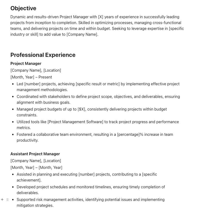 ClickUp Project Manager Resume Template: Organize project experience milestones and certifications