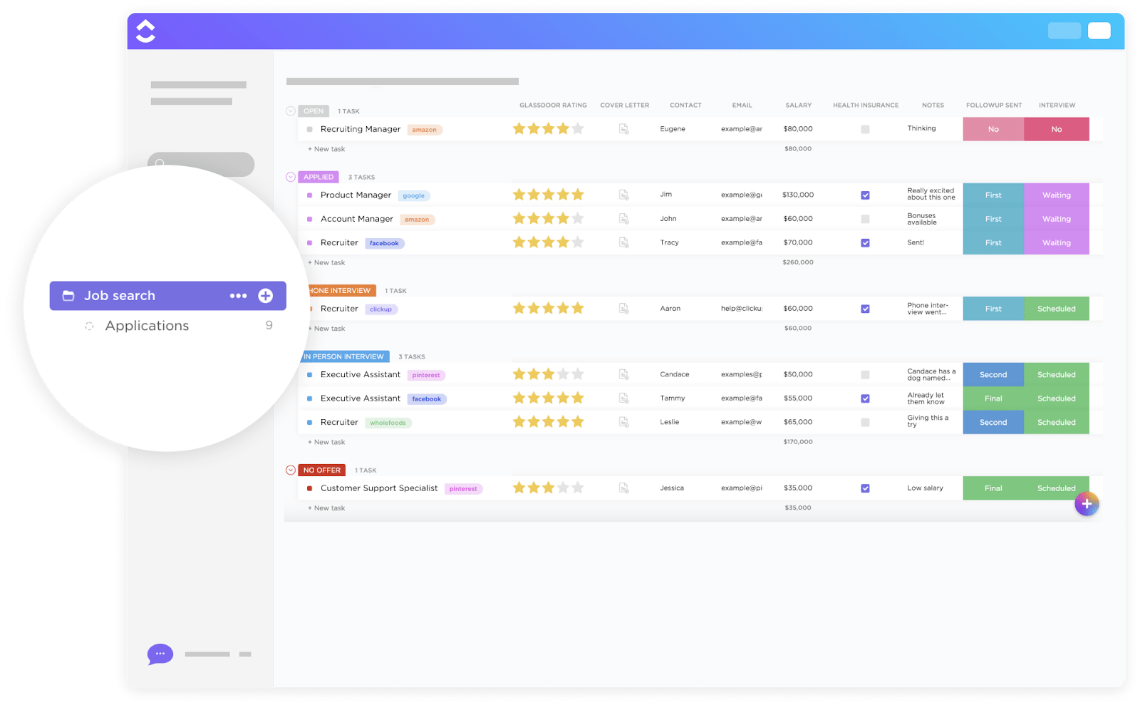 ClickUp Job Search List Template: Manage job opportunities statuses and deadlines in one place