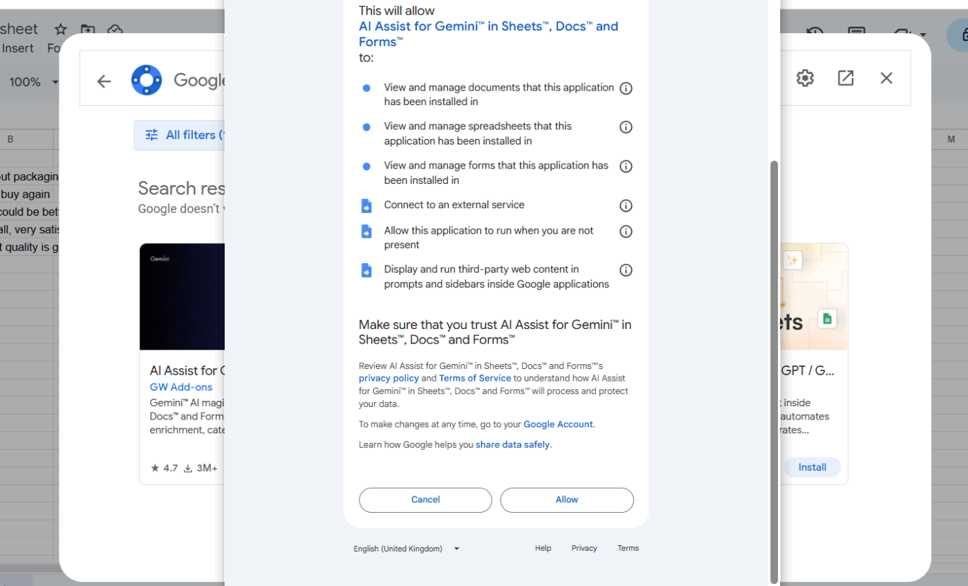 Click Install and grant the necessary permissions: how to automate google sheets with ai