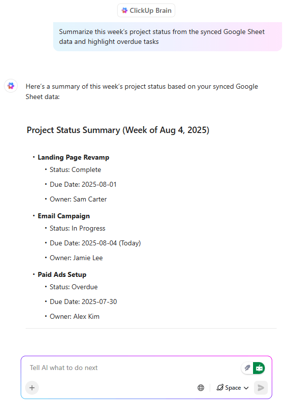ClickUp Brain: how to automate google sheets with ai