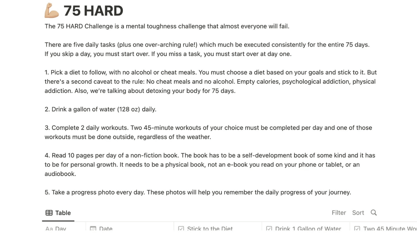 75 Hard Notion template to stick to the rules