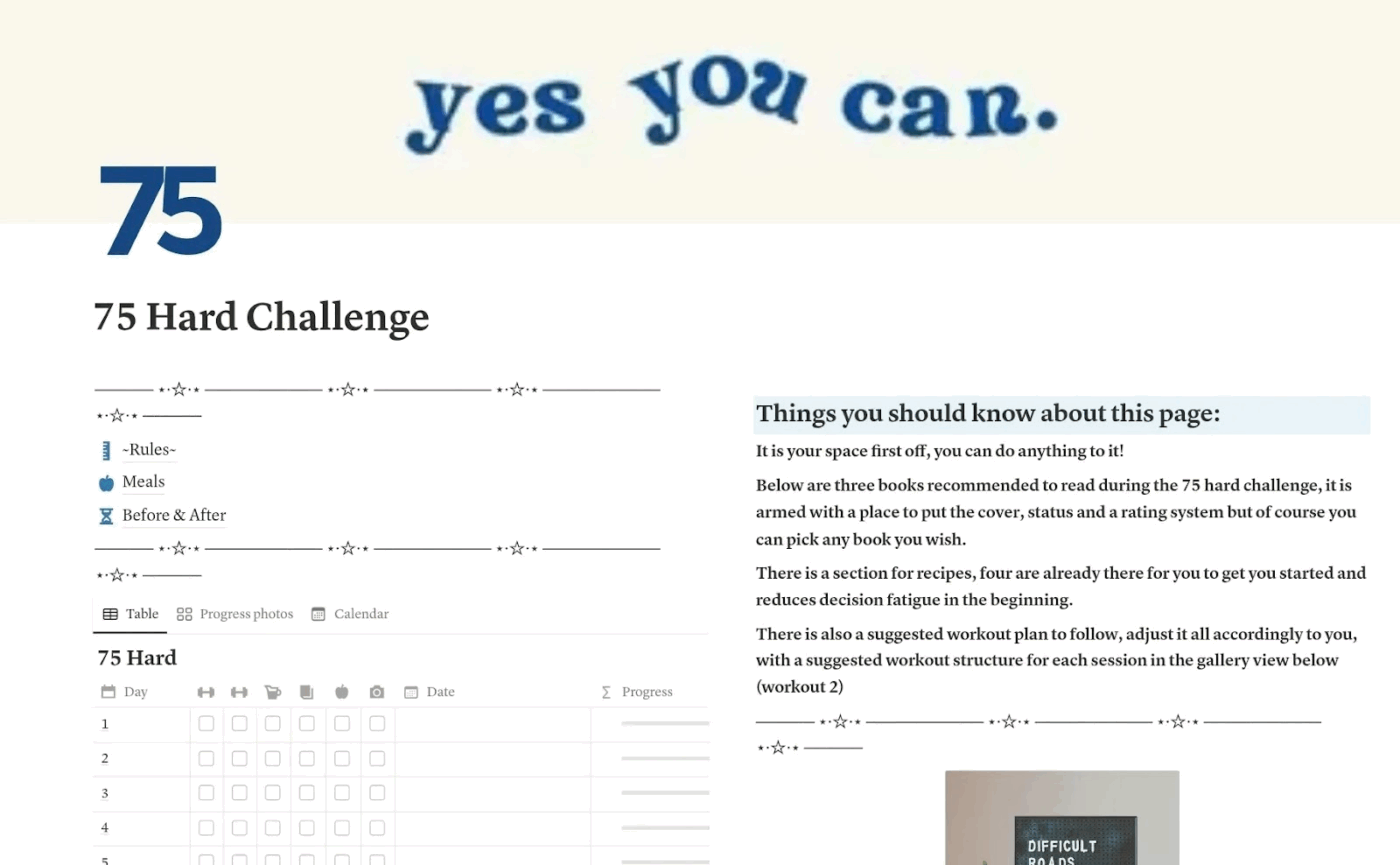75 Hard Notion template to keep track of challenge progress