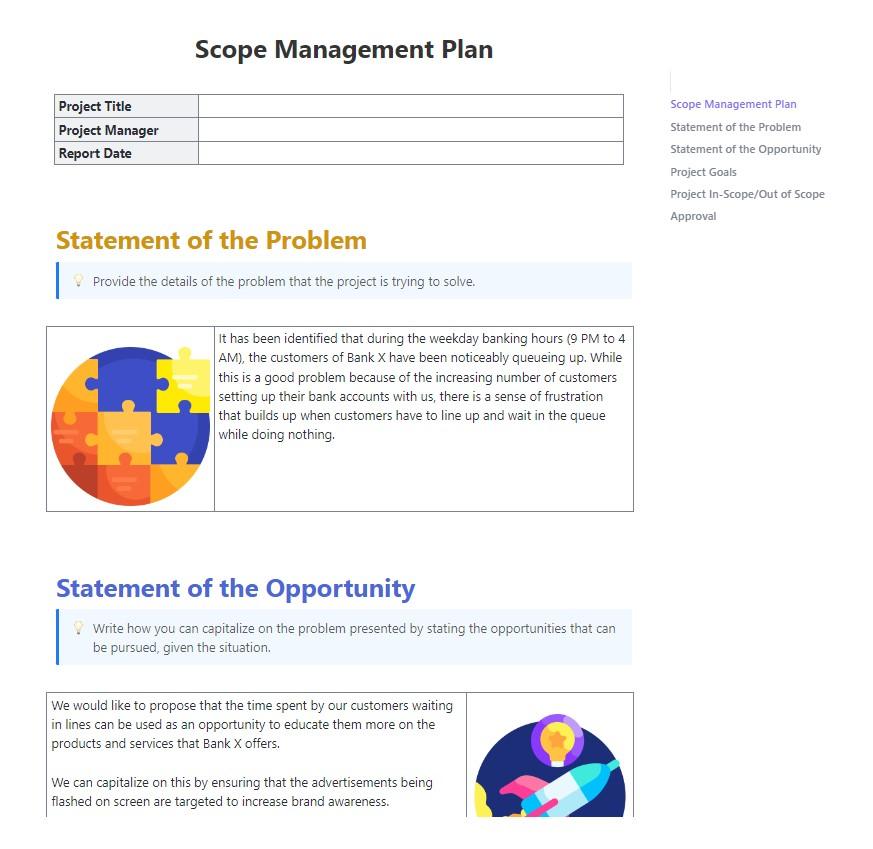 ClickUp Scope Management Plan Template: Organize project scope boundaries goals and control measures