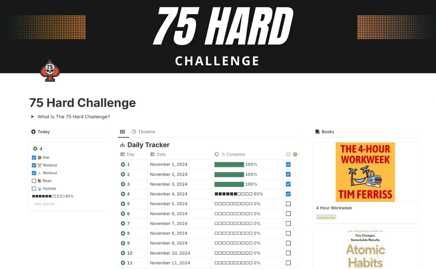 75 Hard Notion template with goal setting