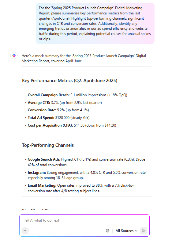 ClickUp Brain helps you summarize reports and derive insights