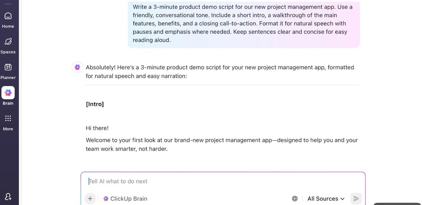 Script writing with ClickUp Brain to automate certain aspects of your creative process
