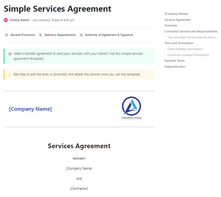 ClickUp Services Agreement Template ;  Payment Agreement Template
