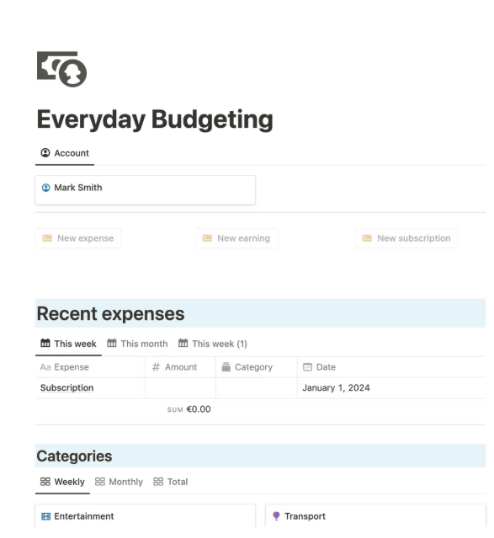 Notion Everyday Budgeting Template: notion budget templates