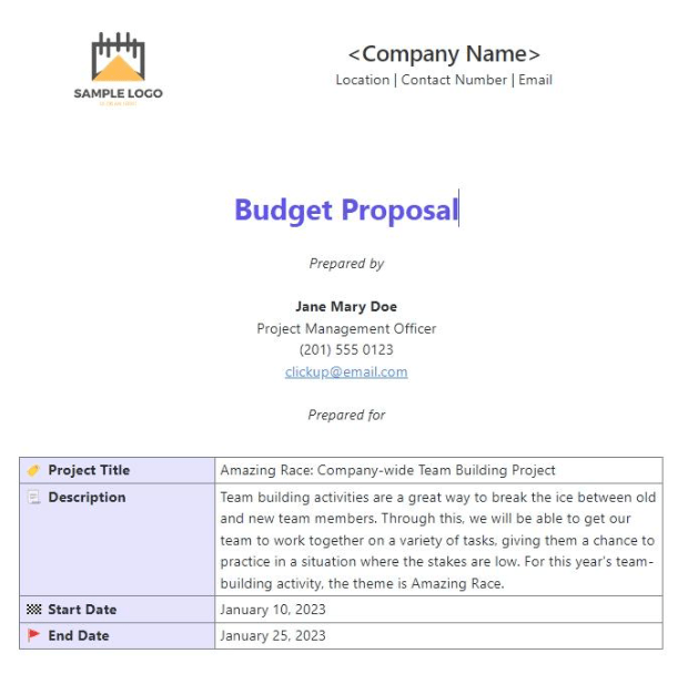 ClickUp Budget Proposal Template
