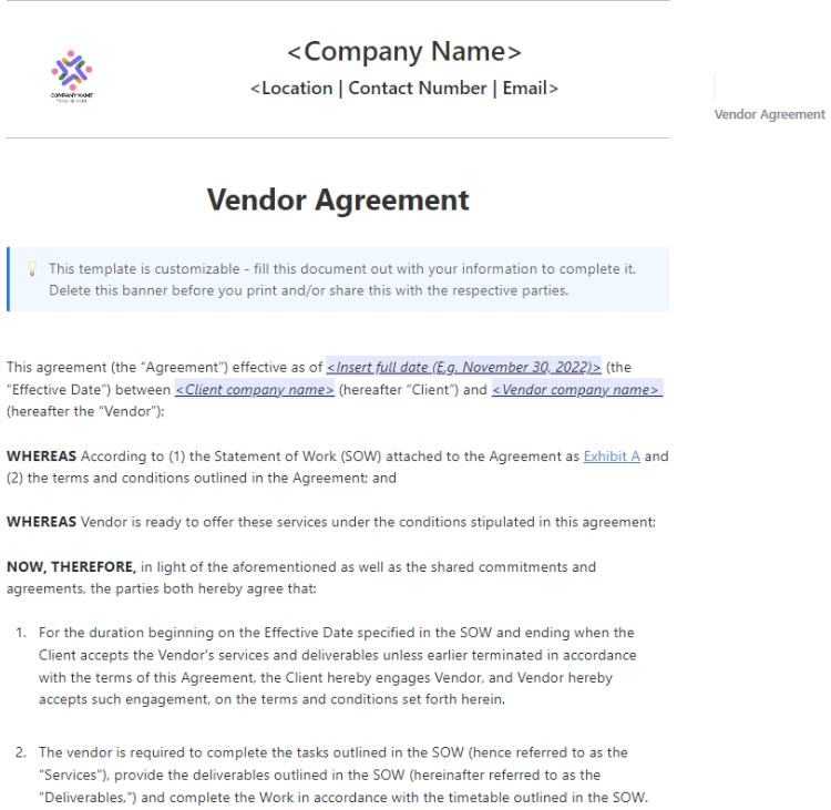 ClickUp Vendor Agreement Template ;  Payment Agreement Template
