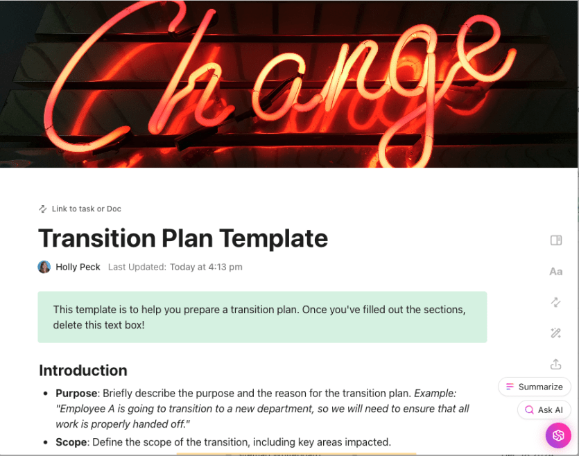 ClickUp Transition Plan Template