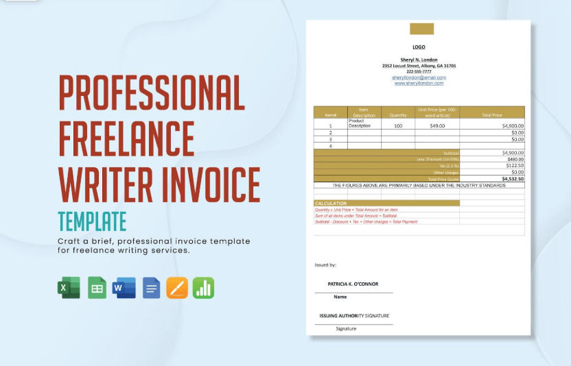 Professional Freelance Writer Invoice Template by Template.Net