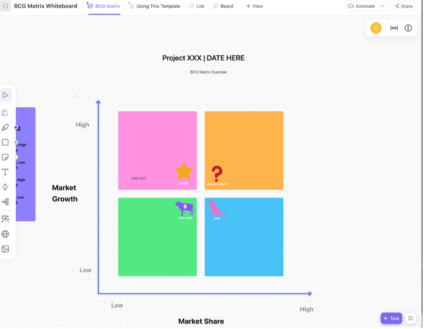 ClickUp BCG Matrix Whiteboard Template : Product Evaluation Template