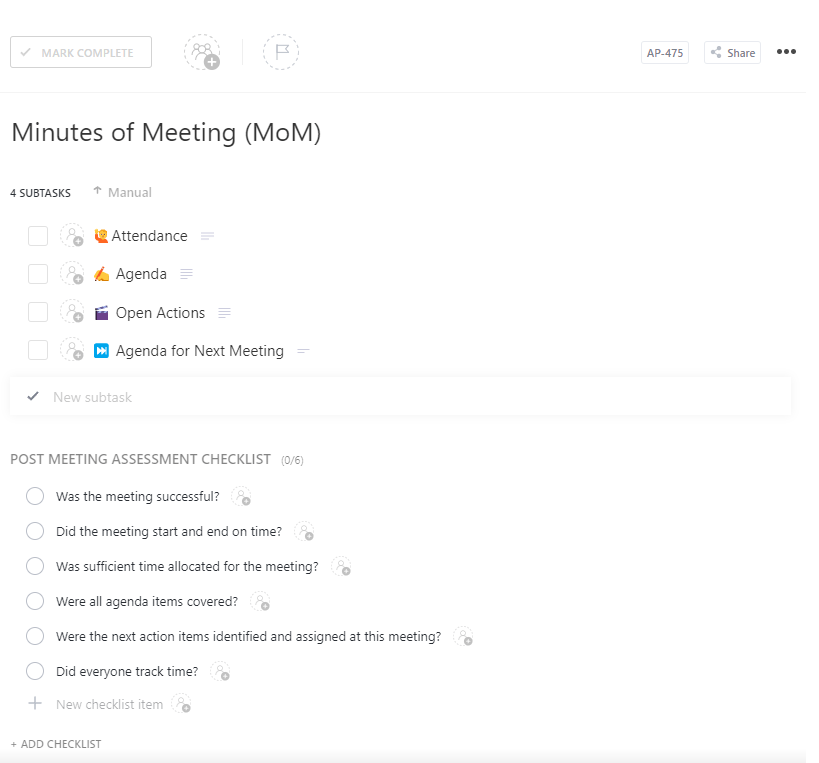 ClickUp Minutes of the Meeting MOM Template