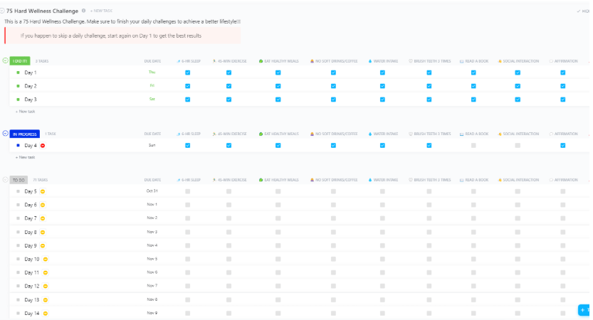ClickUp 75 Hard Wellness Challenge Template