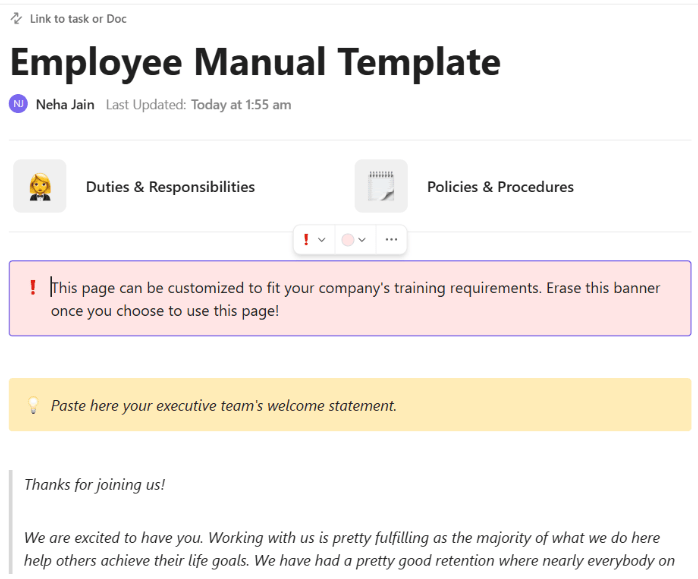 ClickUp Employee Manual Template