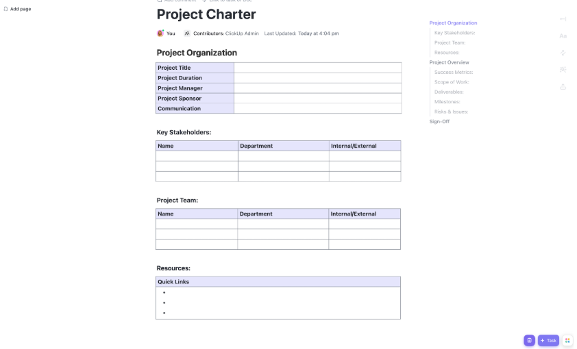 ClickUp Project Charter Template