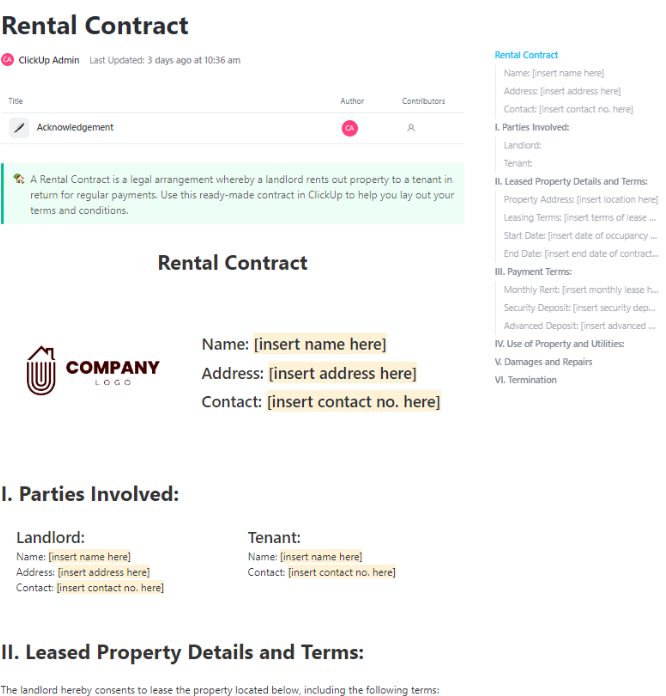 ClickUp Rental Contract Template