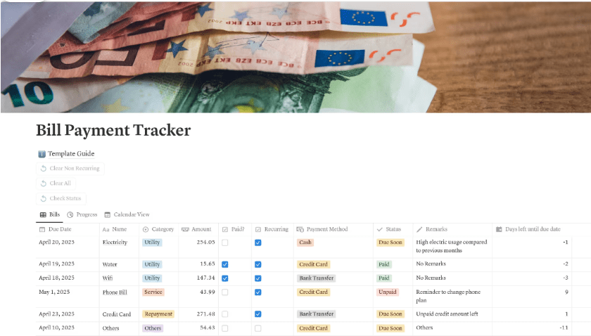 Notion Bill Payment Tracker Template: notion budget templates