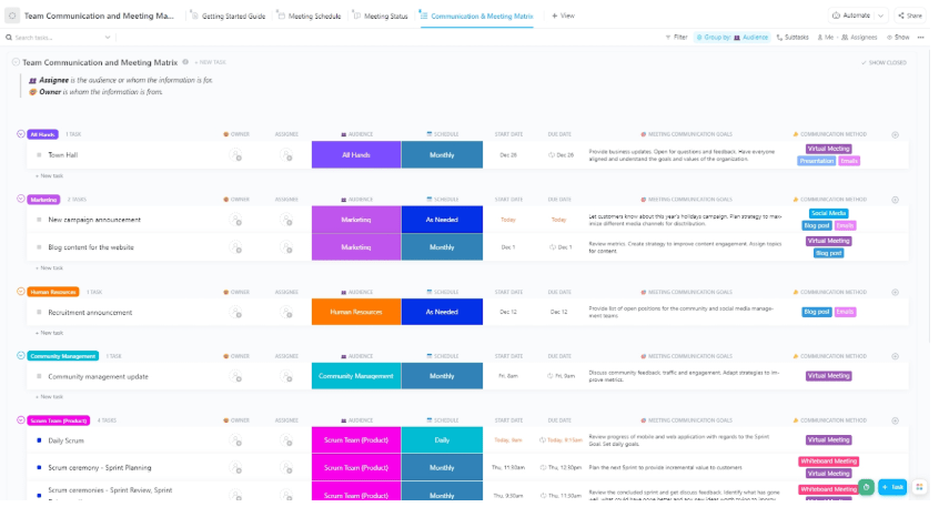 ClickUp Team Communication and Meeting Matrix Template