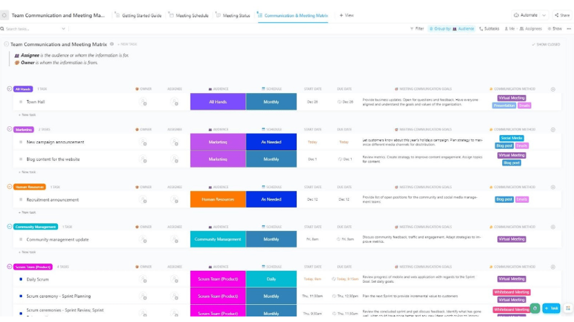 ClickUp Team Communication and Meeting Matrix Template