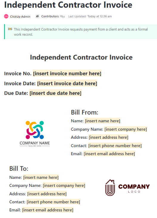 ClickUp Independent Contractor Invoice Template