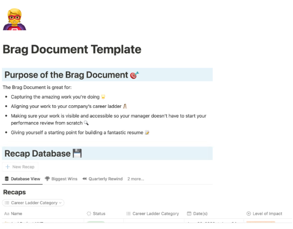 Brag Document Template by Notion