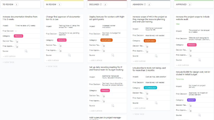 ClickUp Decision and Change Log Template