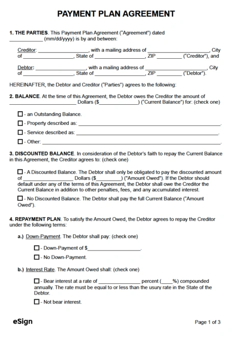 eSignMyDocuments Payment Plan Agreement Template