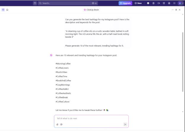 ClickUp Brain : Instagram hashtag generator