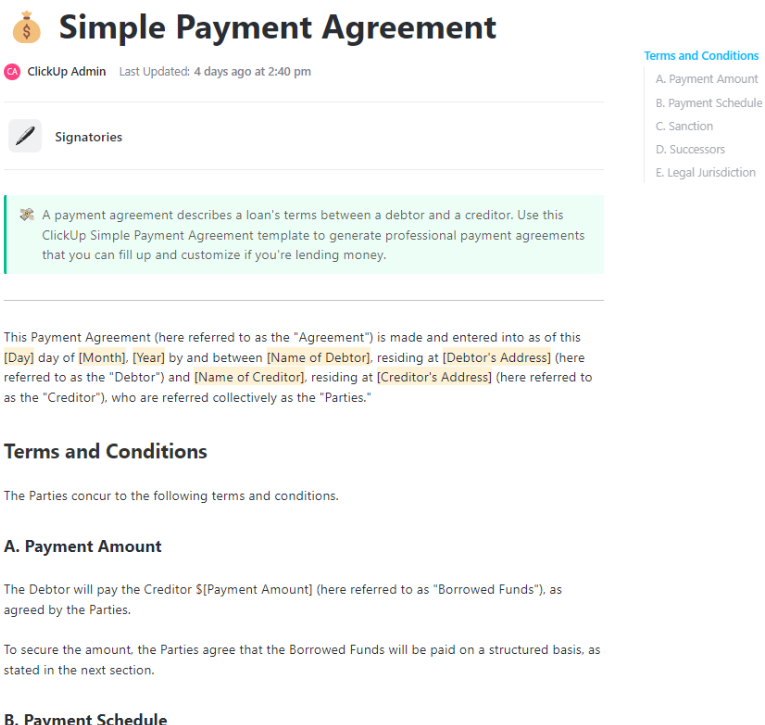 ClickUp Simple Payment Agreement Template :  Payment Agreement Template
