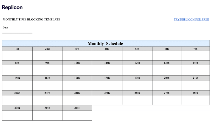 Monthly Time Blocking Template by Replicon ; time blocking template google sheets