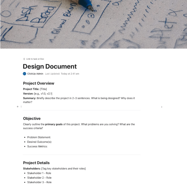 ClickUp Design Document Template ; product design templates