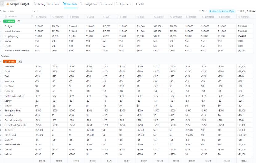 ClickUp Simple Budget Template ; 50/30/20 Budget Template