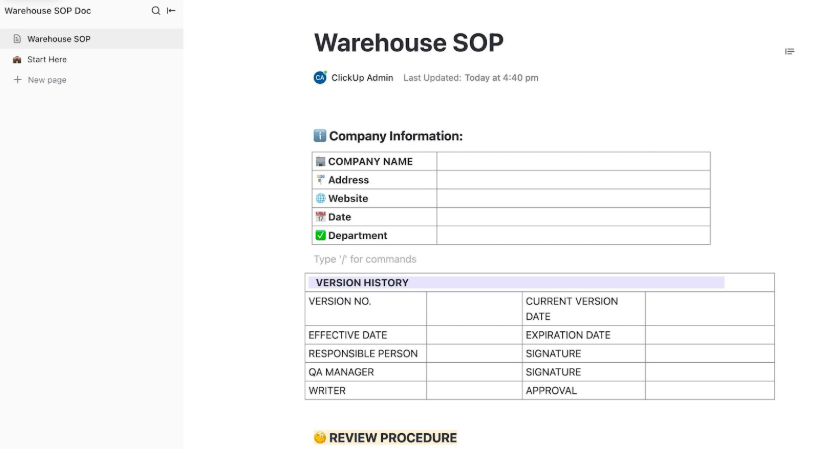 ClickUp Warehouse SOP Template ; Warehouse SOP Template