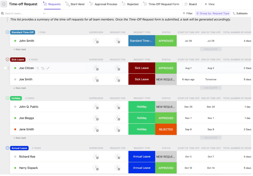 ClickUp Time Off Request Template ; out of office plan template