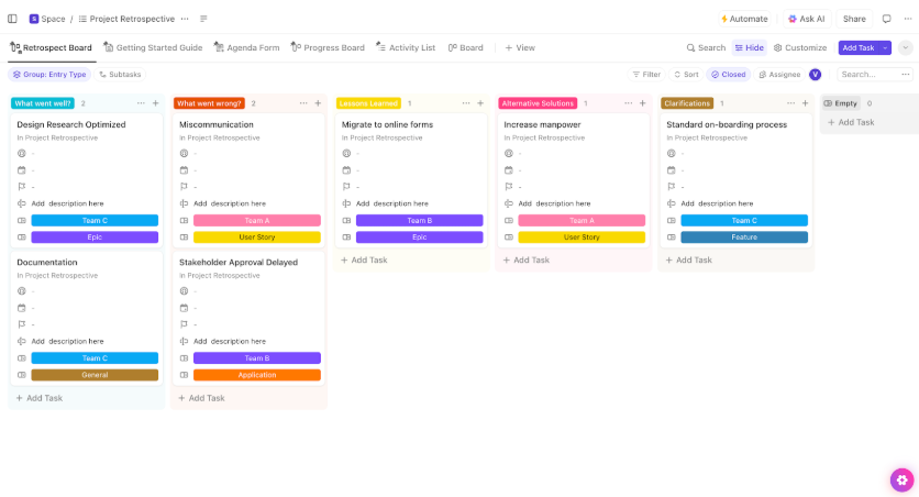 ClickUp's Project Retrospective Template ;  how to run a project retrospective
