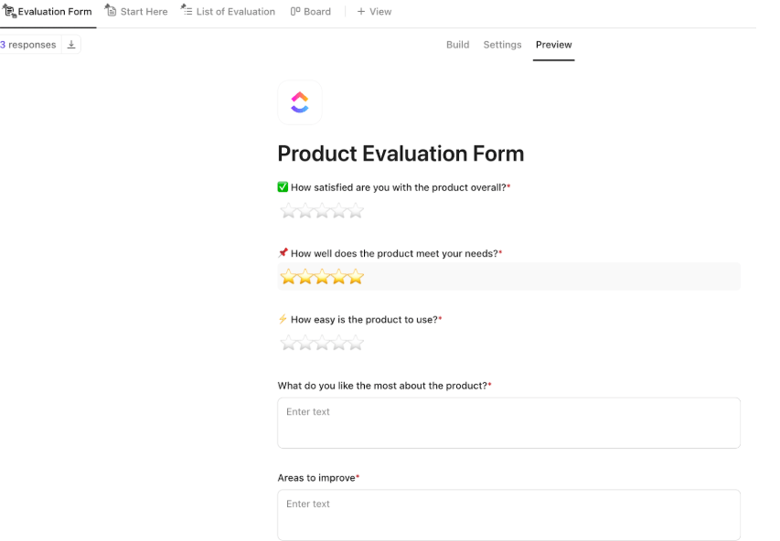 ClickUp Product Evaluation Form Template ; Product Evaluation Template