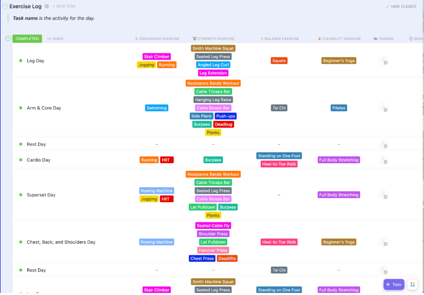 ClickUp Exercise Log template ; 75 Soft challenge Template free