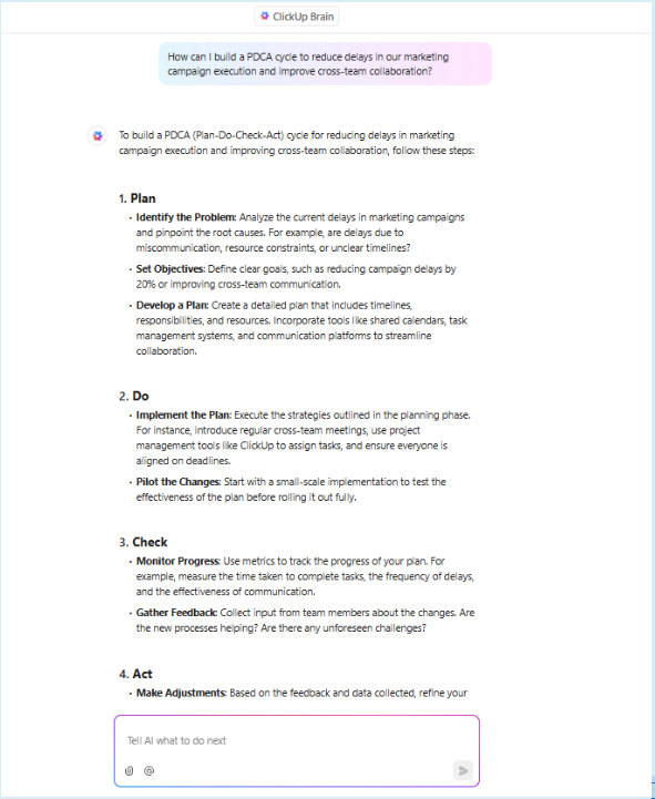 Using ClickUp Brain to help run a PDCA cycle