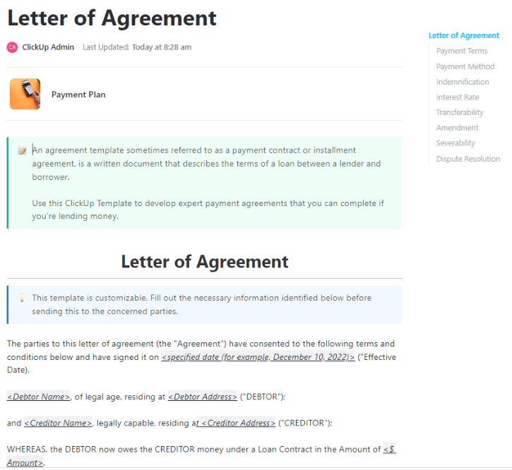 ClickUp Letter of Agreement Template :  Payment Agreement Template
